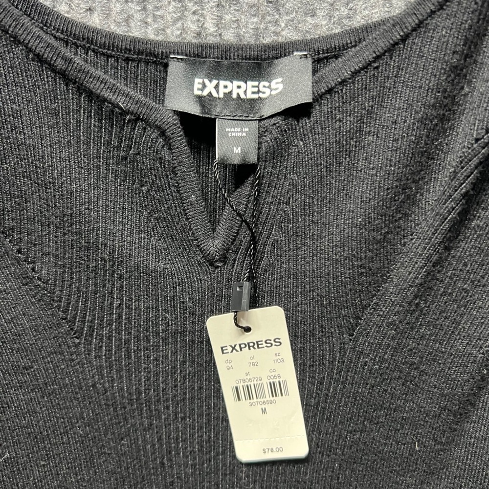 Express Midi Dress Womens Medium Black Ribbed Knit Bodycon Notched Neck NWT - Picture 5 of 9